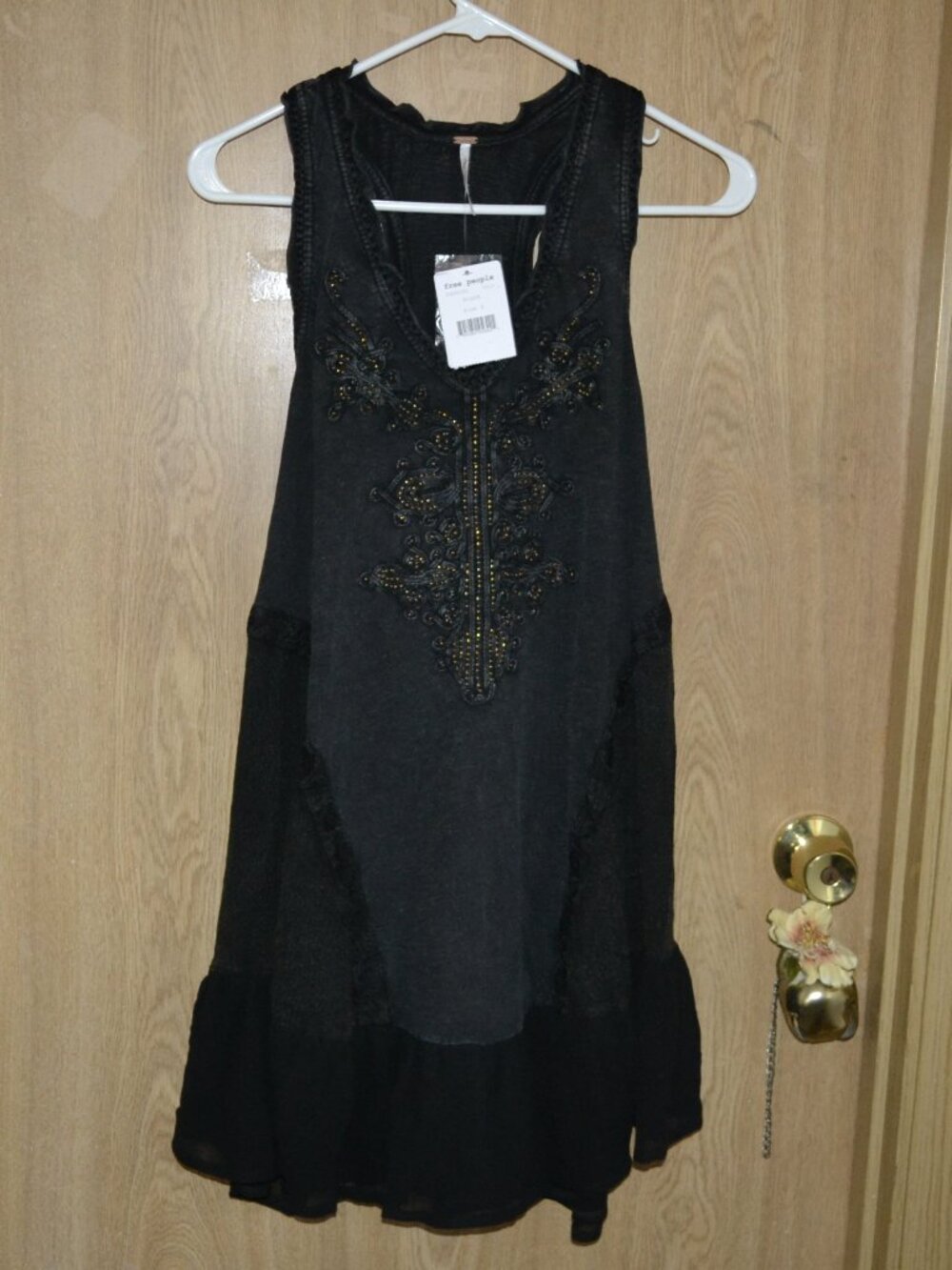 NWT Free People Dark Boho Black Embroidered Cotton Mini Dress